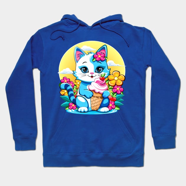 Kitty Cat Cute and happy Summer Cartoon Character with ice cream flowers and Strawberries Hoodie by BluedarkArt